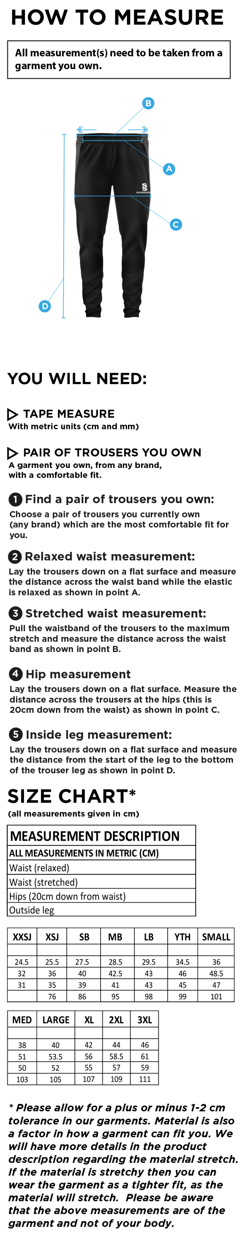 RJFC TEK SLIM PANT NAVY - Size Guide